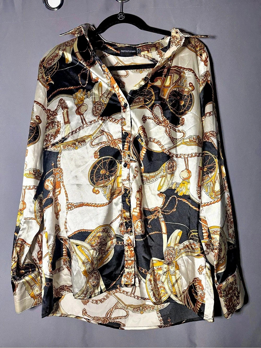 PrettyLittleThing Black Satin Rope Print Oversized Shirt Chain Print Long Sleeve